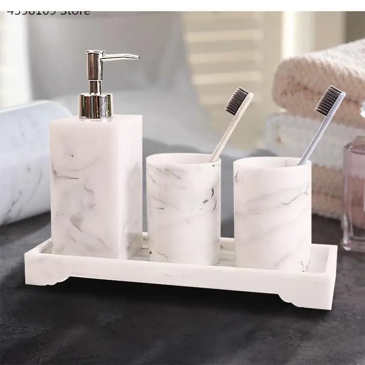 Forniture per il bagno Accessori in resina con texture in marmo con dispenser Portaspazzolino Sapone Articoli da toeletta