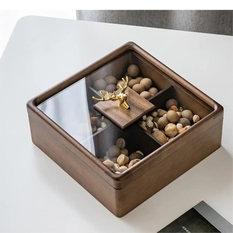 Vassoio Quadrato in Legno per Snack con Coperchio in Vetro Trasparente, Contenitore Separato per Frutta Secca e Caramelle, Accessori per la Casa