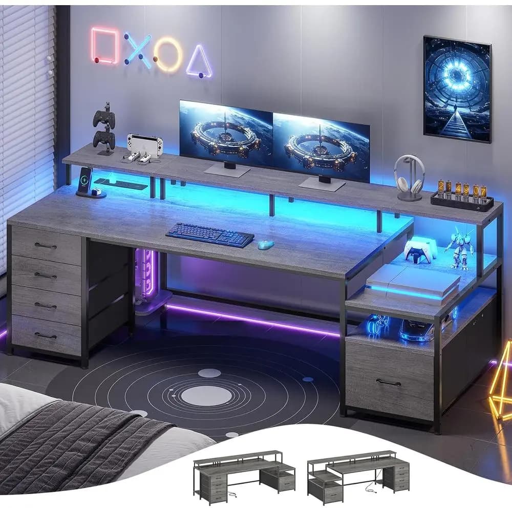 Scrivania Larga 75 Pollici con 5 Cassetti, Presa di Corrente, Luci LED, Ripiani Portaoggetti, Supporto per Stampante e Ripiano per Monitor, Grigia