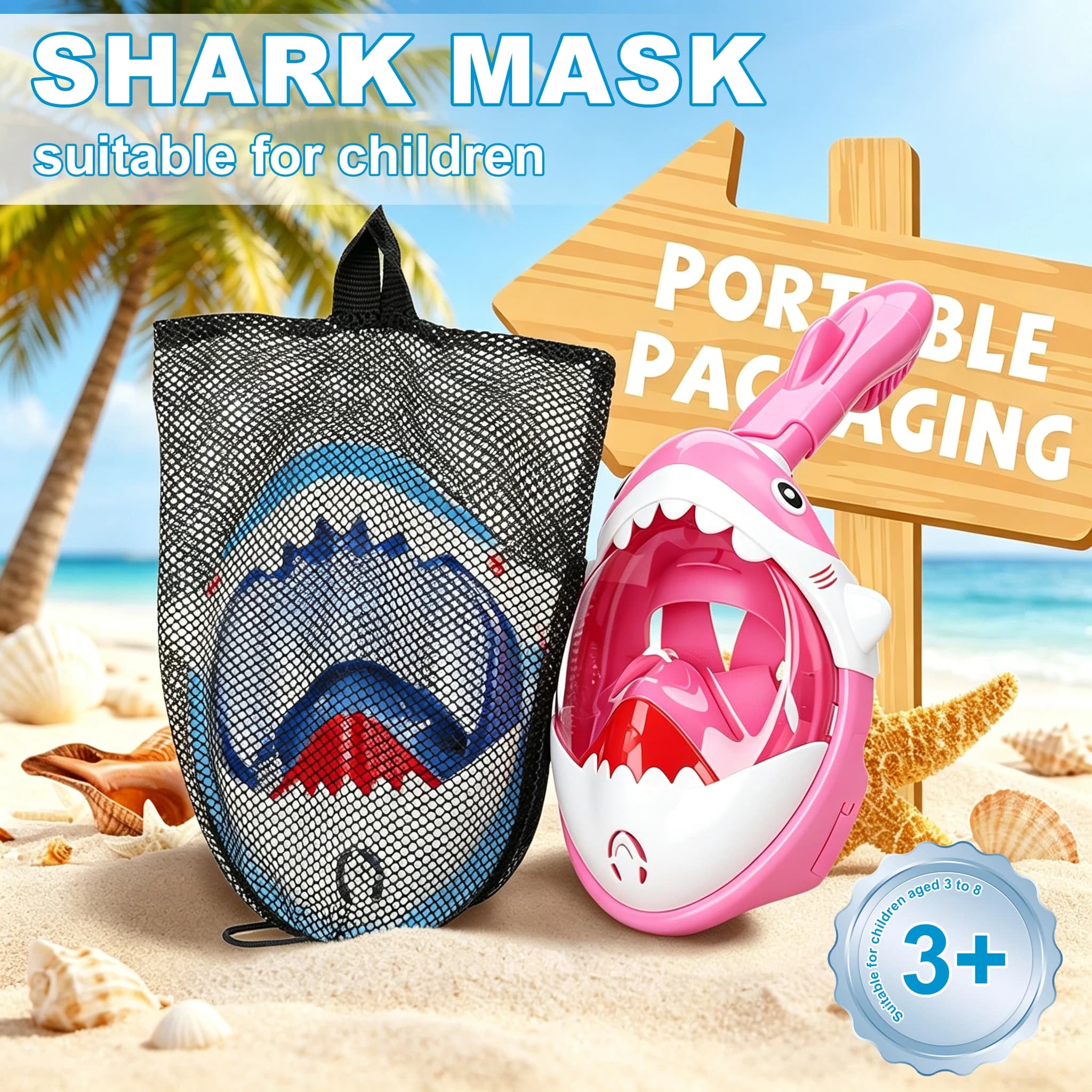 Snorkelling Mask · Children'S Single-Tube Silicone Full-Face Dry Snorkelling Mask · Swimming Goggles · Cartoon Shark Mask ·Gift