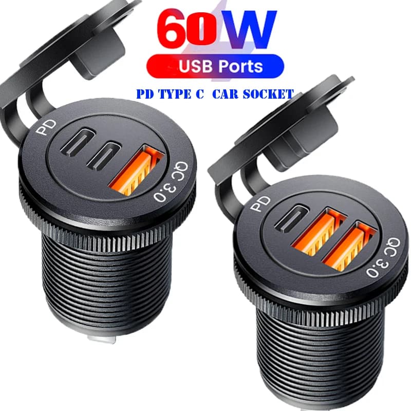 60W USB 3.0 socket with Type-C port, fast charging adapter for cars, trucks, motorcycles, campers, 12V and 24V boats.
