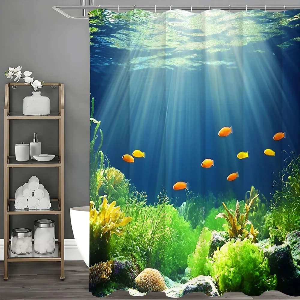 Tenda da doccia per piccoli pesci con alghe marine Underwater World, tenda da doccia decorativa per il bagno, tenda da doccia impermeabile con