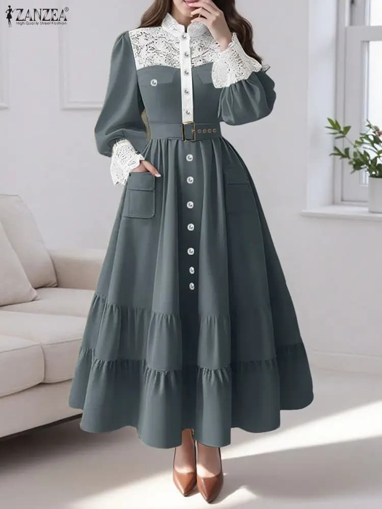 ZANZEA Abiti lunghi eleganti Donna Autunno Colletto alla coreana Maxi abito Moda Patchwork in pizzo Abito da festa Tasche casual Cintura Abiti