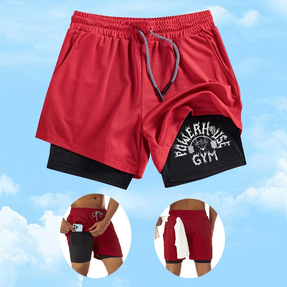 Men's 2 In 1 Quick Dry Sports Shorts With Elastic Drawstring Beach Shorts Summer Fitness Cycling Shorts With Inner Phone Pocket