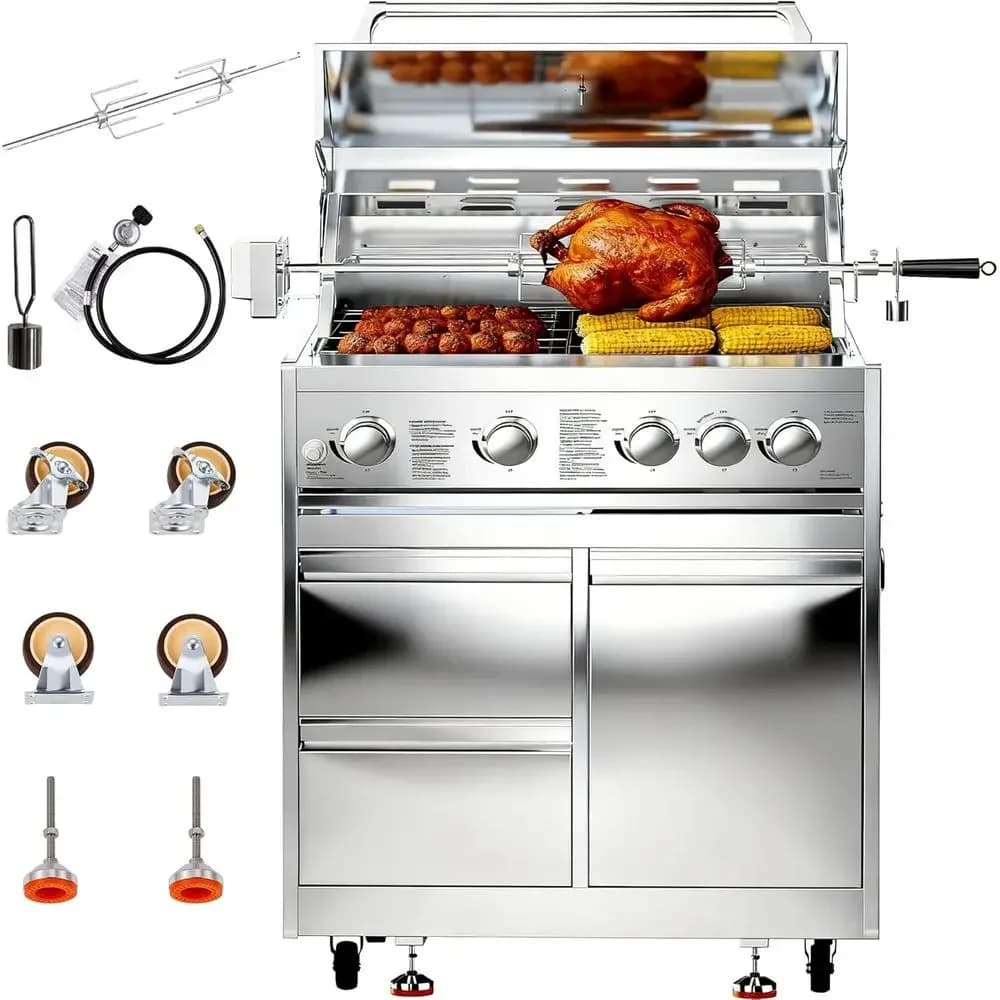 Barbecue a Gas Propano per Cucina Esterna in Acciaio Inox e Cucina Esterna con 2 Ripiani e Vano Porta Bombola Propano, Termometro Incluso