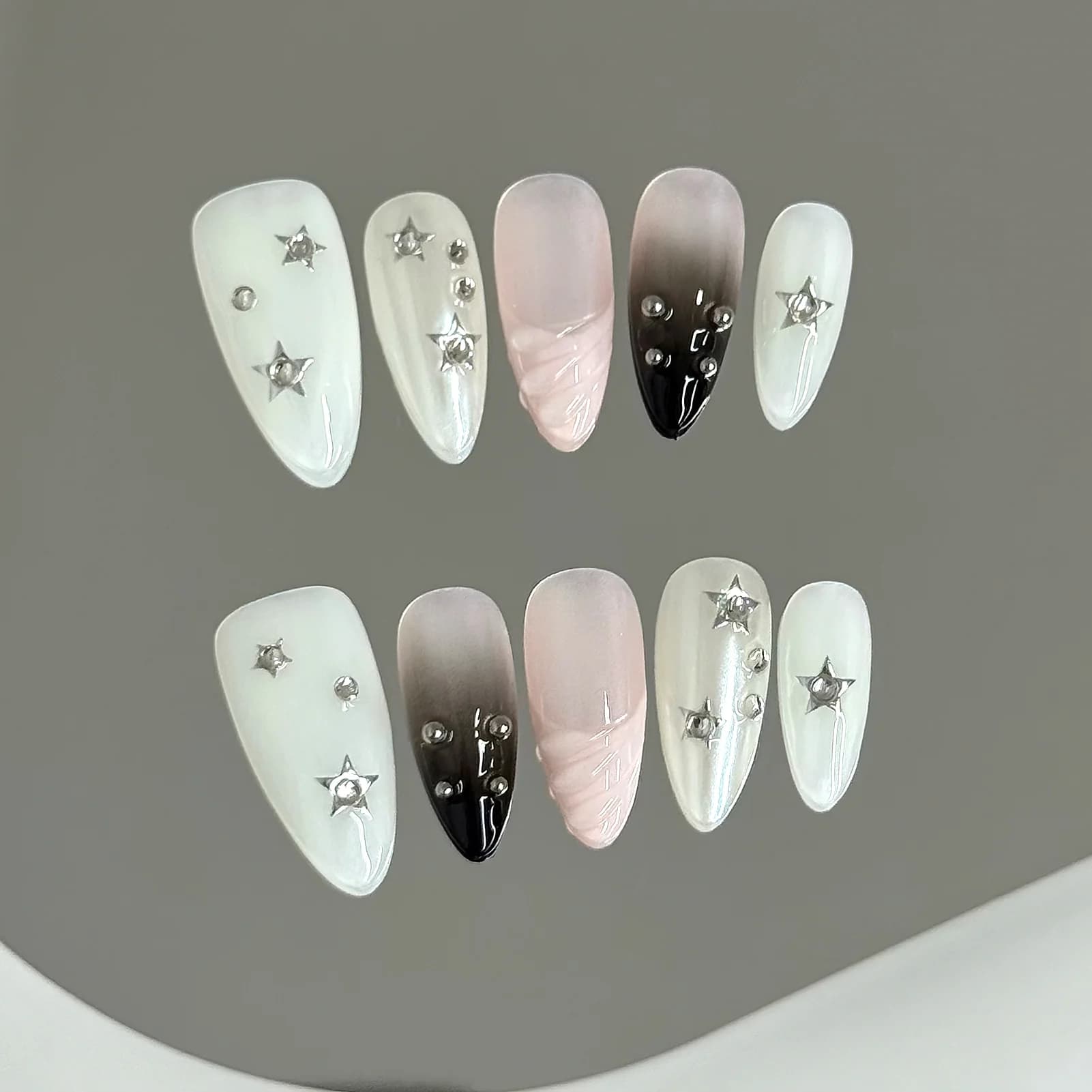 10 pieces of fake nails of almond star glitter fingernails handmade artificial nails rhinestones for women wedding salon decoration party
