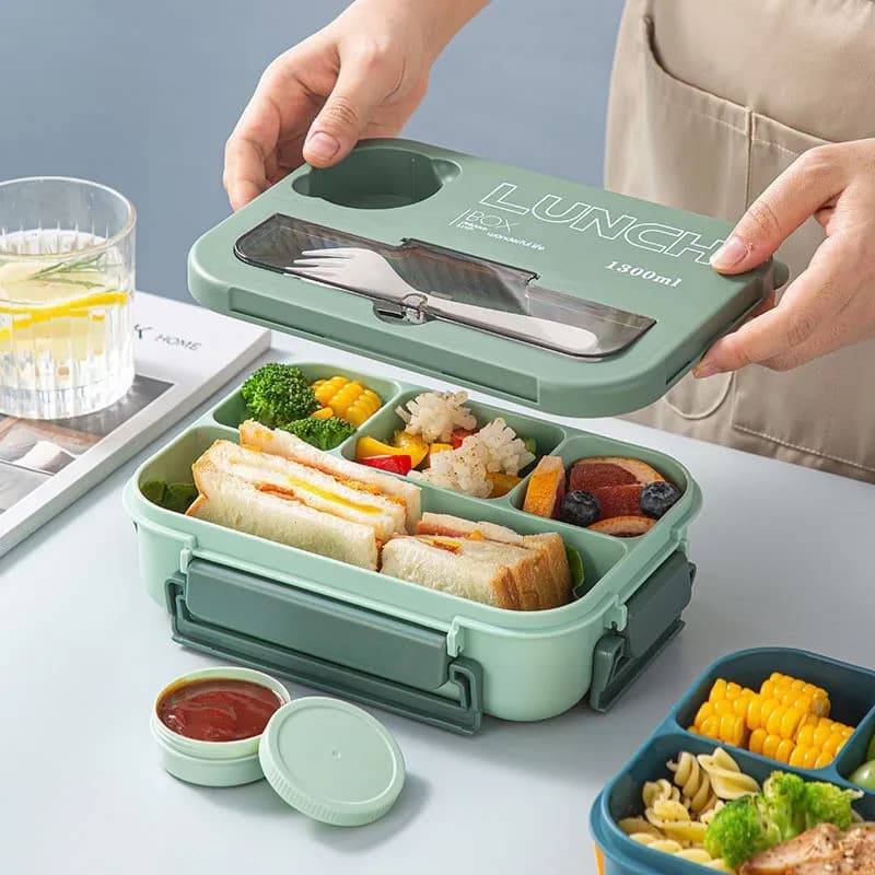 Contenitore per Pranzo Portatile da 1300ML con Scomparti, per Bambini, Studenti e Ufficio, con Forchetta e Cucchiaio, Adatto al Microonde