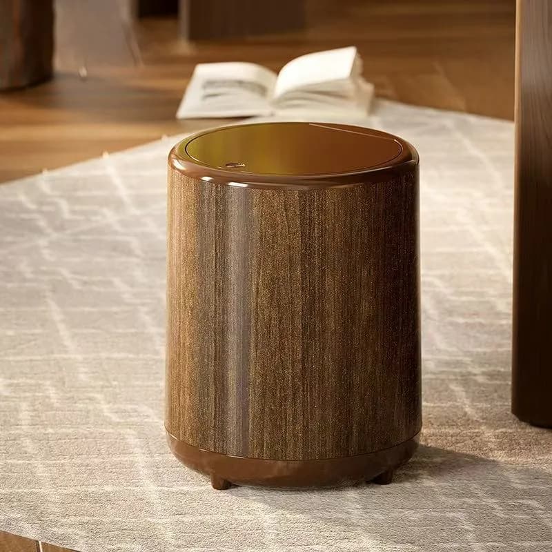 Pattumiera con venature del legno con ruote, bidone della spazzatura dal design semplice con ampia apertura rotonda per la casa, contenitore mobile facile da pulire