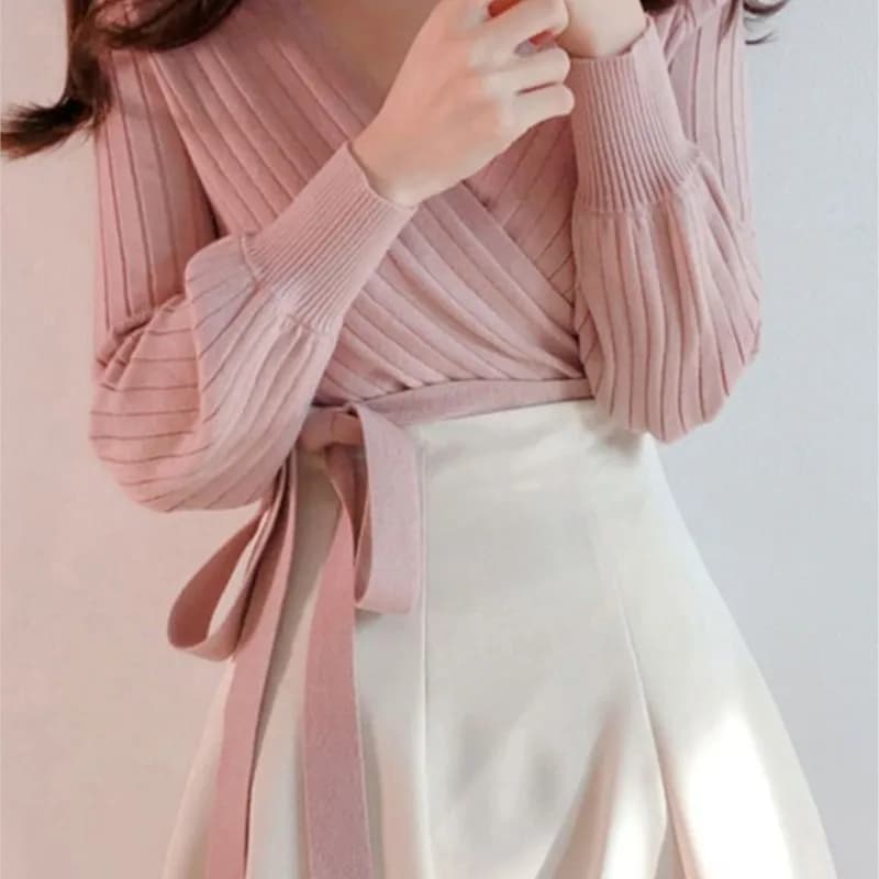 Cardigan Elegante Rosa con Scollo a V e Maniche a Lanterna, Lavorato a Maglia, da Donna, Primavera Autunno 2023