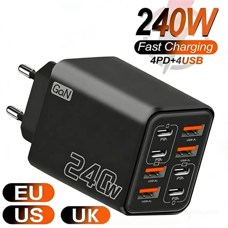 240W GaN USB C Charger 8 in 1 Fast Charging Phone Charger Power Adapter Type C EU/US Plug Wall Charger For iPhone Xiaomi Samsung