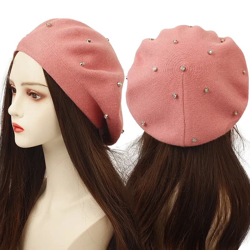 Women's Colour Rhinestones Berets Hat Fashion Autumn Winter New Wool Knitted Berets Ladies French Artist Beanie Beret Hat