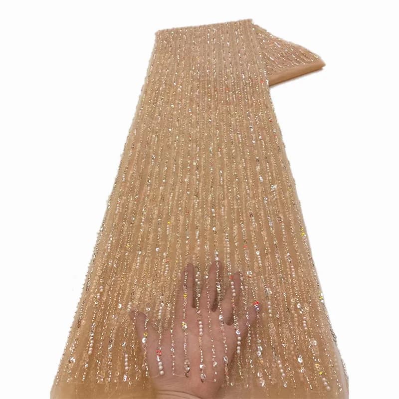 5Yards Beaded Lace Fabric for Wedding Dress 3D Floral Embroidered Mesh Fabric with Sequins and Tube Beading DIY Sewing Craft