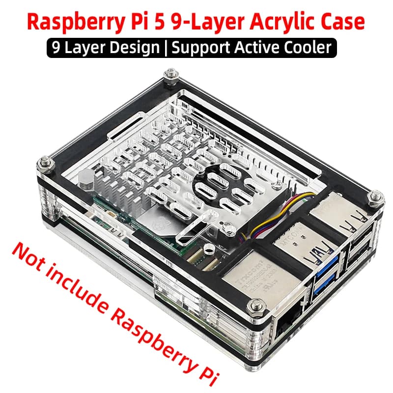Raspberry Pi 5 Acrylic Case 9 Layer Design Shell Support Cooling Fan Active Cooling Device Aluminum Heat Sink for Raspberry Pi 5 RPI5 Pi5