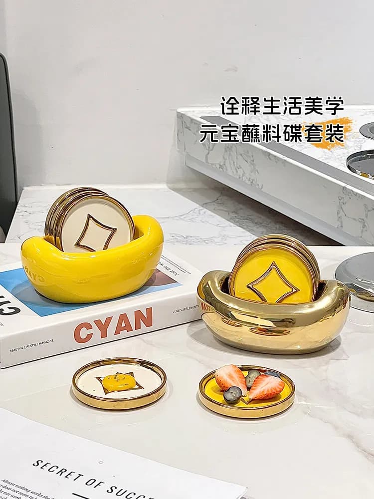 Set di piattini in ceramica a forma di lingotto d'oro PYH, condimenti per hot pot di Capodanno, condimenti per barbecue, piattino per salse.