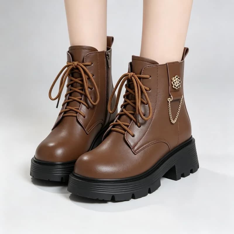 4.5cm Big Size 35-42 New Genuine Leather Boots Thick Platform Shoes Winter 2026 Square Heel Warm Wool Ankle Motorcycle Boots