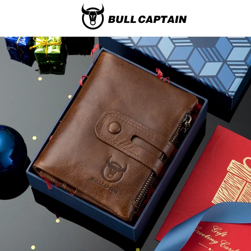 BULLCAPTAIN Portafoglio da uomo in vera pelle RFID Porta biglietti da visita di credito Portafoglio in pelle di vacchetta con doppia cerniera Carteira 021