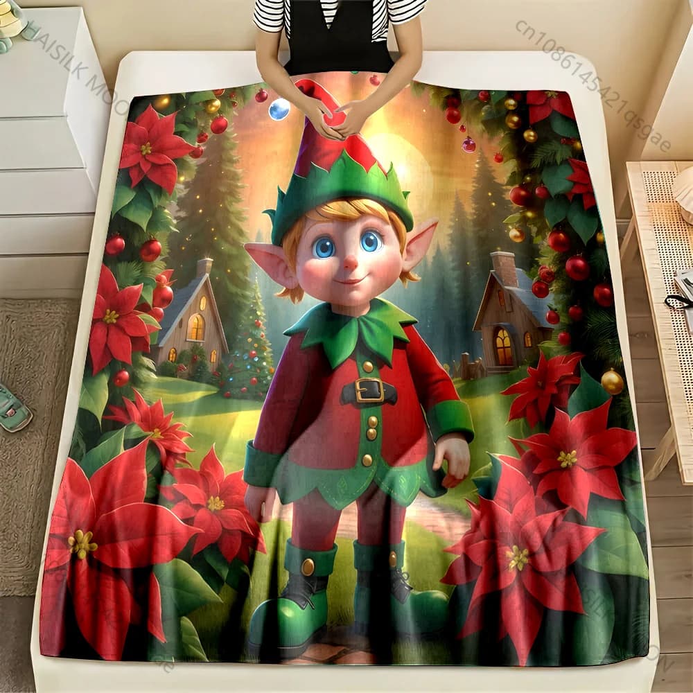1PC Natale Elfo e Poinsettias Modello Coperta Materiale di Flanella Morbido Caldo per Tutte Le Stagioni, Per La Casa di Campeggio Esterna Picnic RV