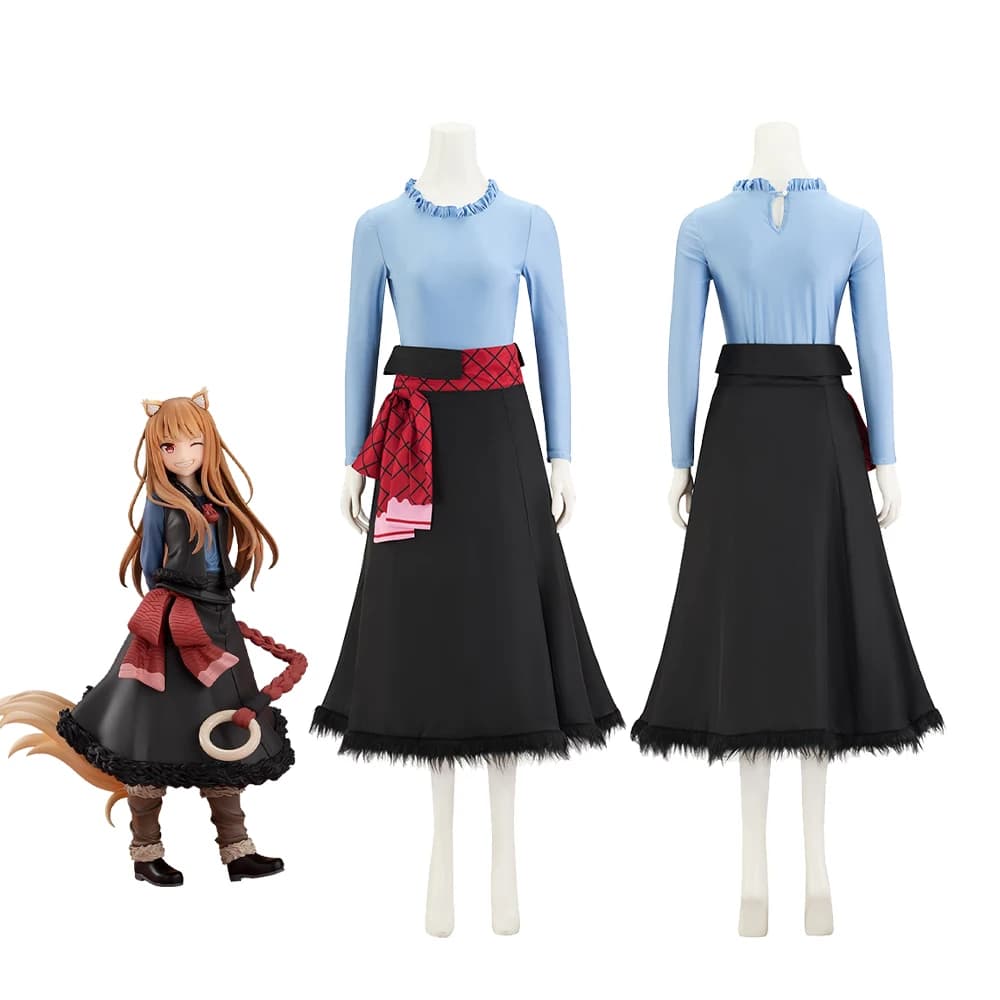 Costume Cosplay di Holo da Spice and Wolf, Top Blu e Gonna per Donna, Outfit per Feste di Halloween