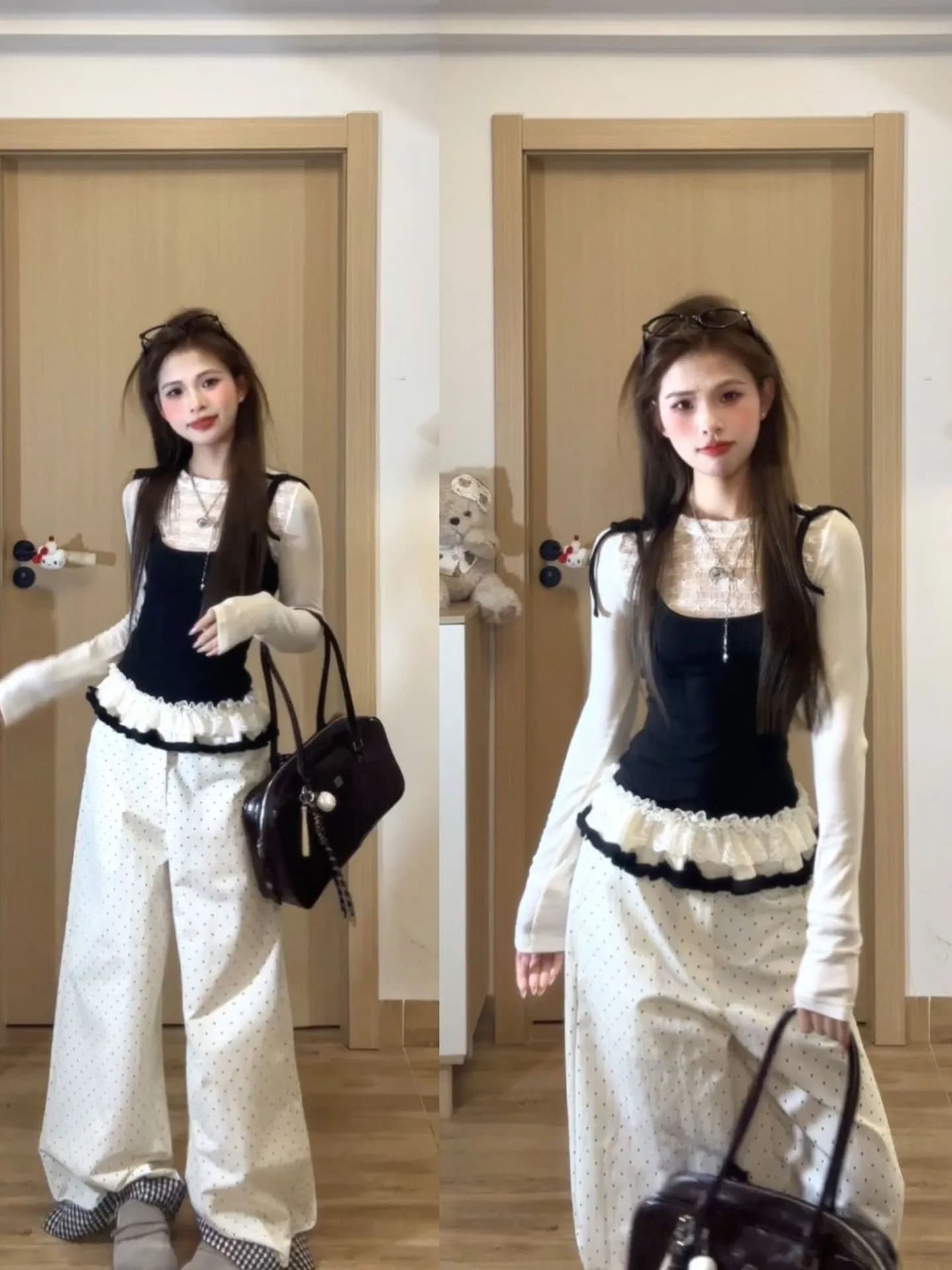 Korean Style Ballet Long Sleeve T-Shirt Women's Slimming Young-looking Ruffle Hem Top Spring Autumn Casual Pure Color Breathable