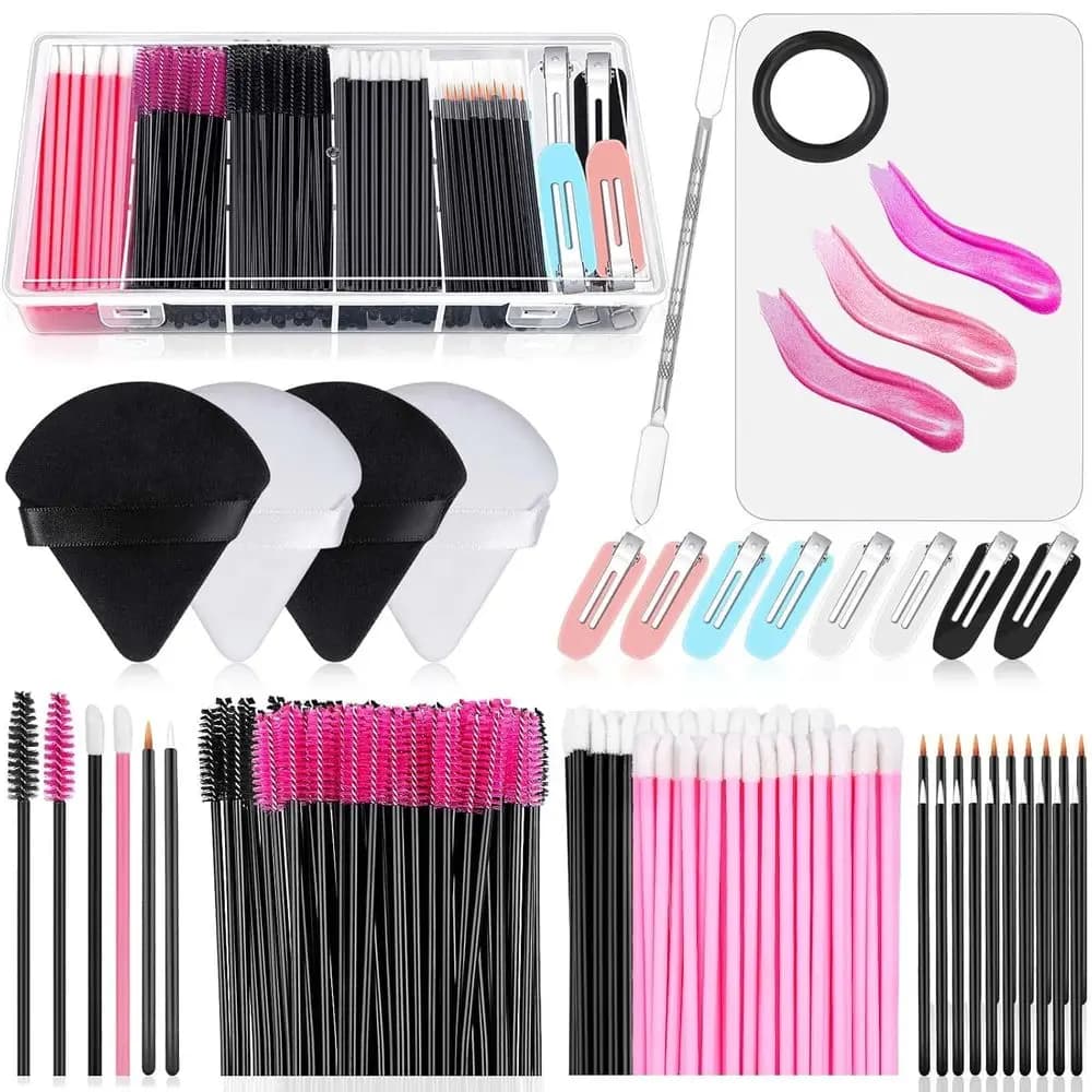 Kit Portatile per Applicazione Trucco con Vassoio Miscelatore, Spazzole per Mascara, Pennelli per Labbra e Scatola Portaoggetti