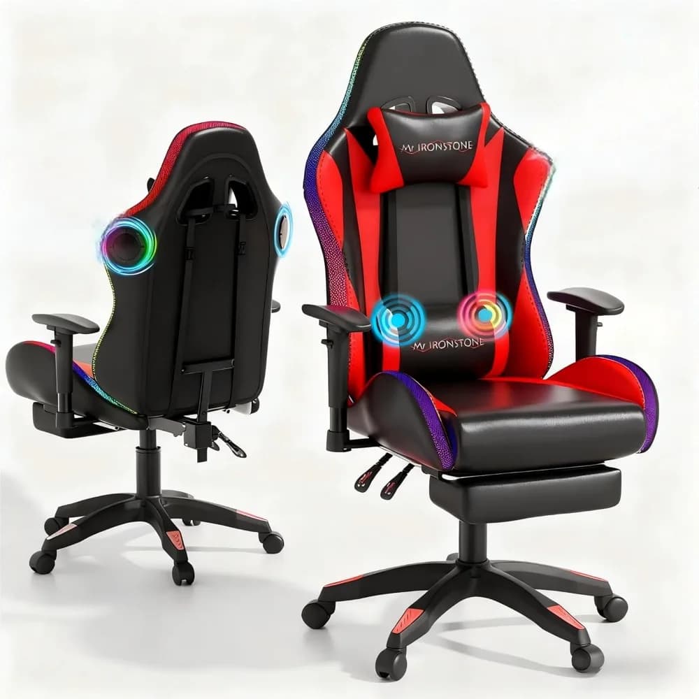 Mr IRONSTONE Sedia da gaming, sedia per videogiochi con altoparlanti Bluetooth e luci a LED, sedia da ufficio con massaggio e bracciolo 3D Hig