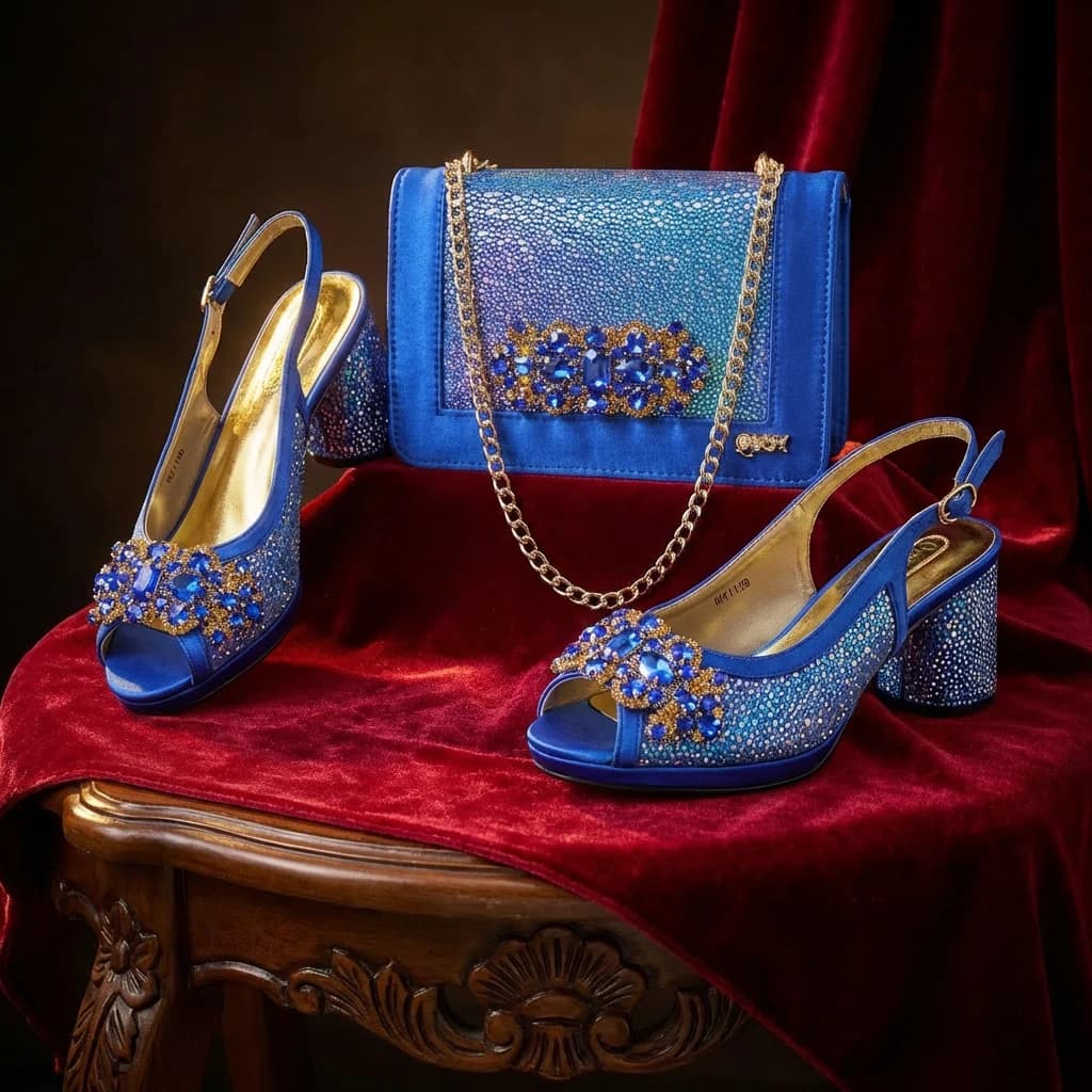 Nuovissimo set di scarpe e borsa da donna in stile INS, blu reale con strass, eleganti, con tacco alto, design italiano, popolari in Nigeria, per donne africane.