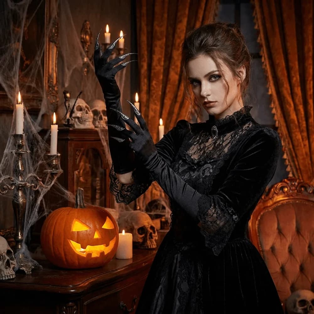 Gothic Long Nails Gloves Black Stretch Polyester Halloween Witch Gloves Elastic Black Detachable Claw Nails Gloves Roleplay
