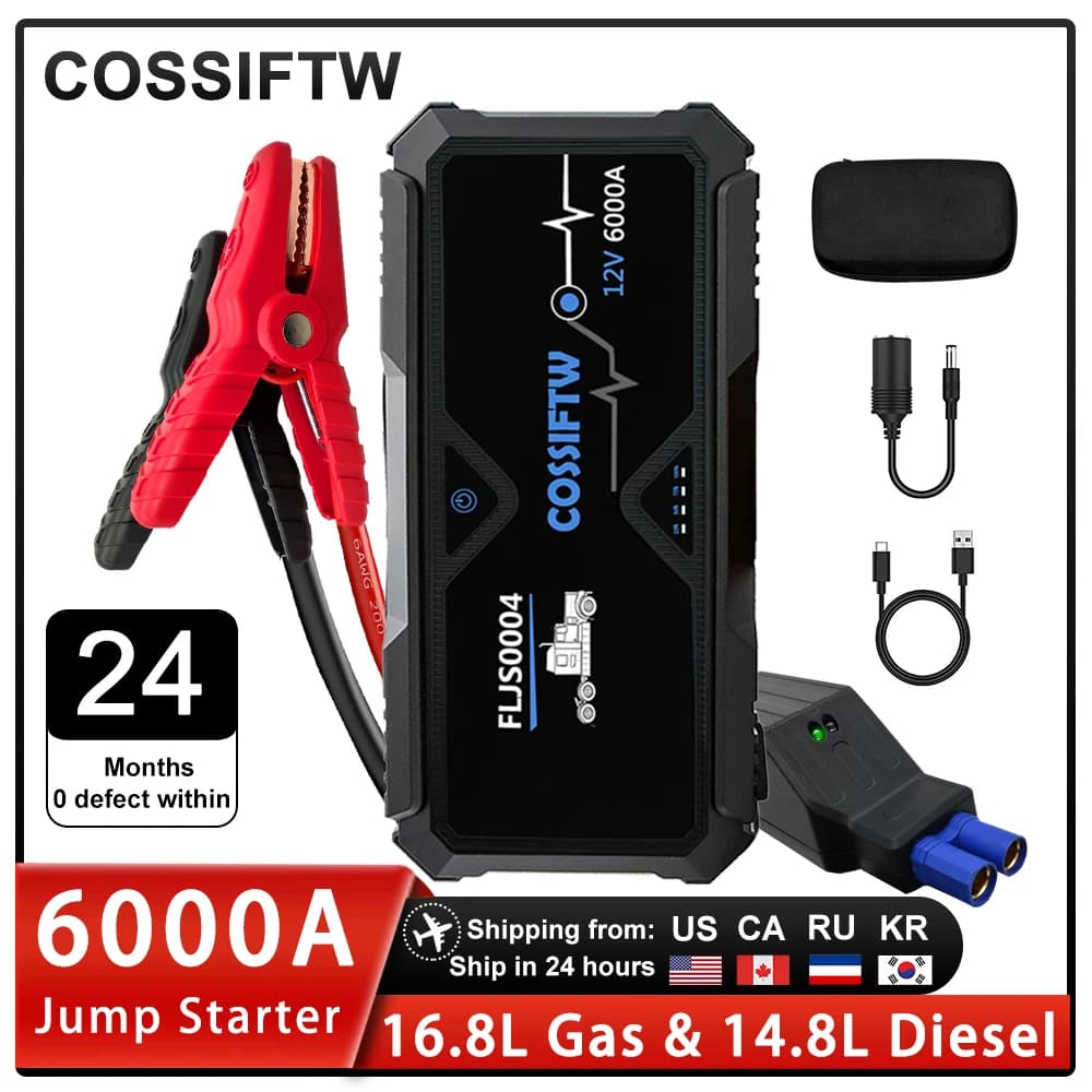Avviatore di Emergenza Portatile 6000A per Auto con Motore a Benzina fino a 16.8L o Diesel fino a 14.8L, Caricabatterie con PD60W, Dispositivo di Avviamento d'Emergenza