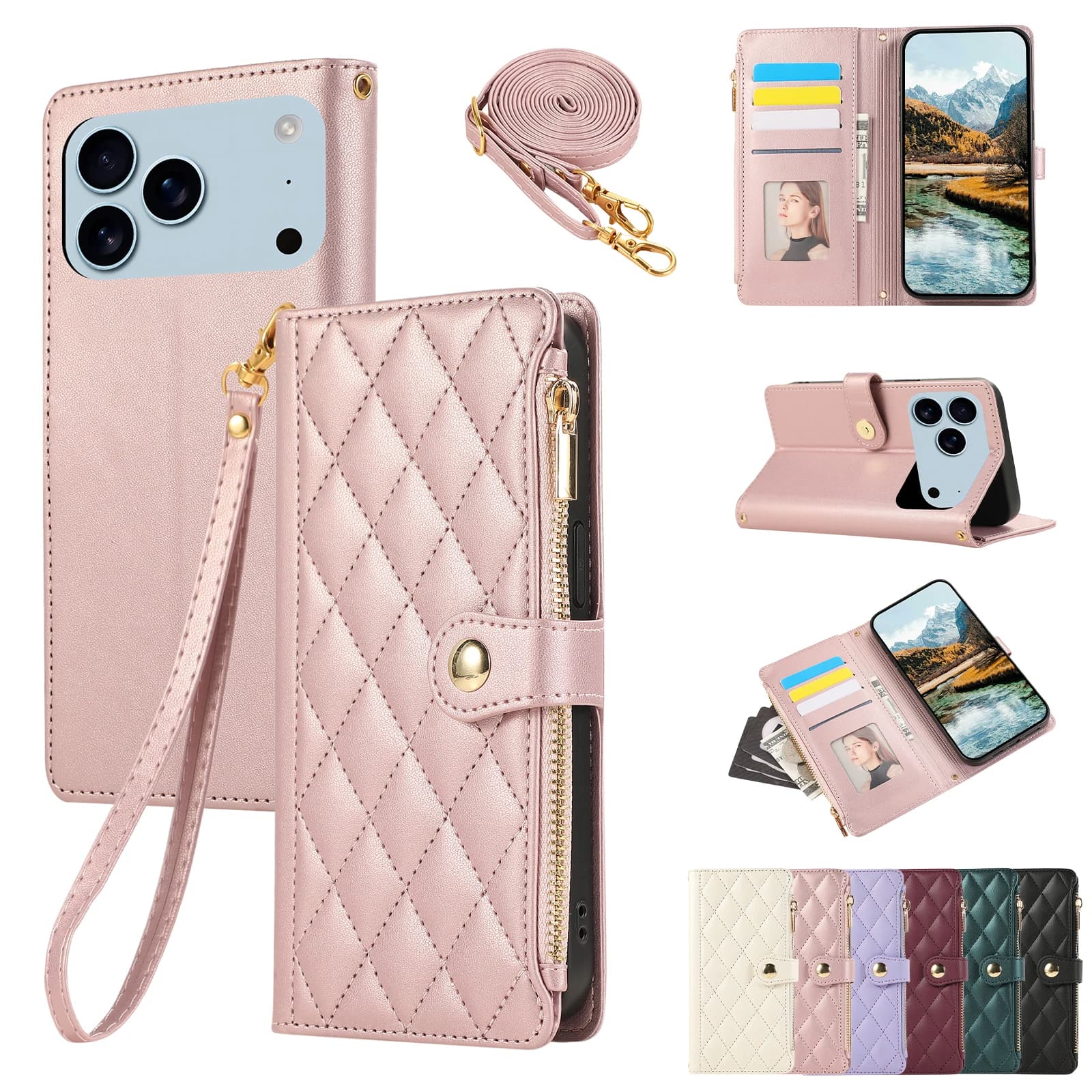 Cards with shoulder strap Solt Wallet leather phone case for IPhone 17 Air 16E 16 Pro Max 15 14 13 12 11 7 8 Plus Protective Case