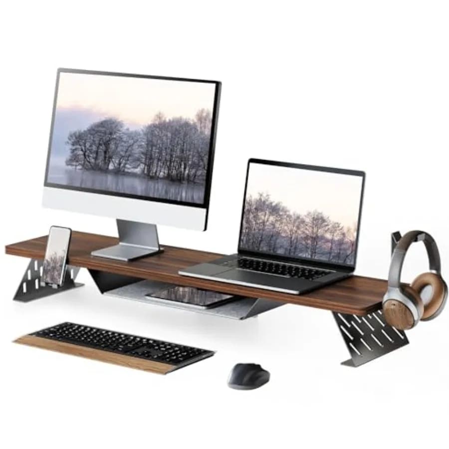 Supporto per Doppio Monitor da 42,5 Pollici, Rialzo per Scrivania in Legno, Ripiano a 2 Livelli per 2 Monitor con Supporto per Cuffie