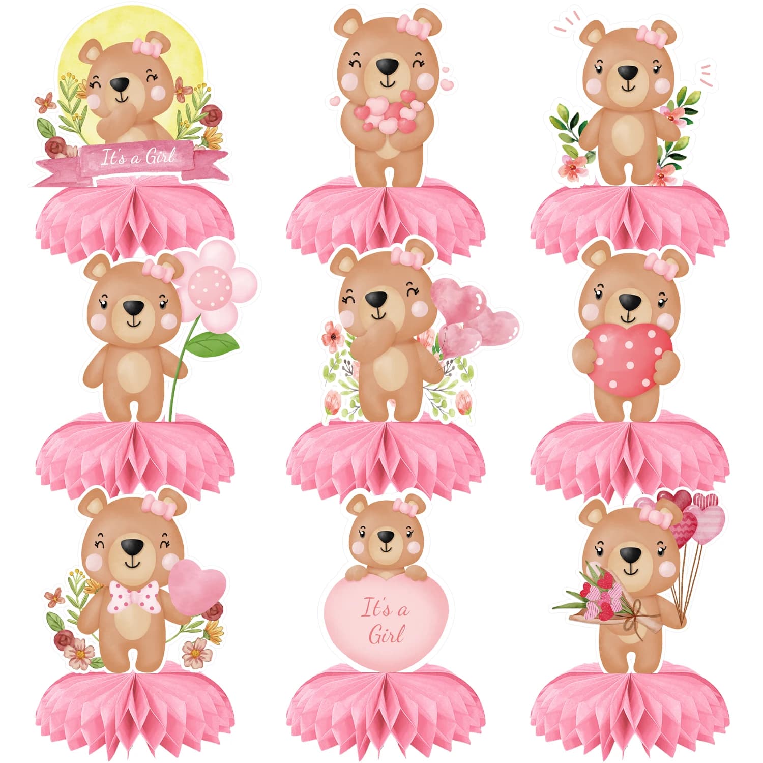 Set di 9 Decorazioni a Nido d'Ape 3D con Orsetti Rosa, Stampate su Due Lati, per Rivelazione del Sesso del Bambino, Baby Shower, Decorazioni per Tavolo di Compleanno