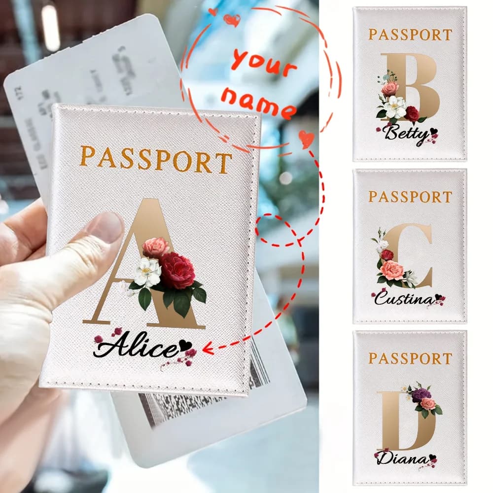 Porta Passaporto in PU con 26 Lettere Personalizzabili e Motivo Floreale, Portafoglio da Viaggio Ultra-Sottile, Porta Documenti e Biglietti da Visita