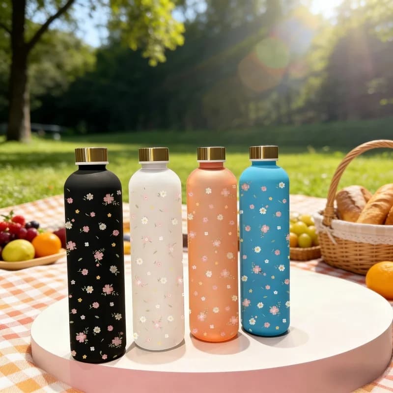 3D Printed Floral Pattern Water Bottle - Large Capacity 1000 ml, Nice stereoscopic design, fading resistant, scratch-resistant, Leakpro
