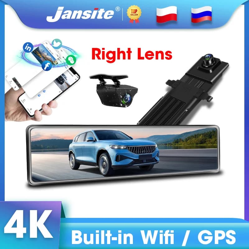 Jansite 11.26 "Mirror Car DVR Right Objective 4K Dash Cam Front and Rear Camera 2160P GPS Recorder Track Playback Wifi APP Control