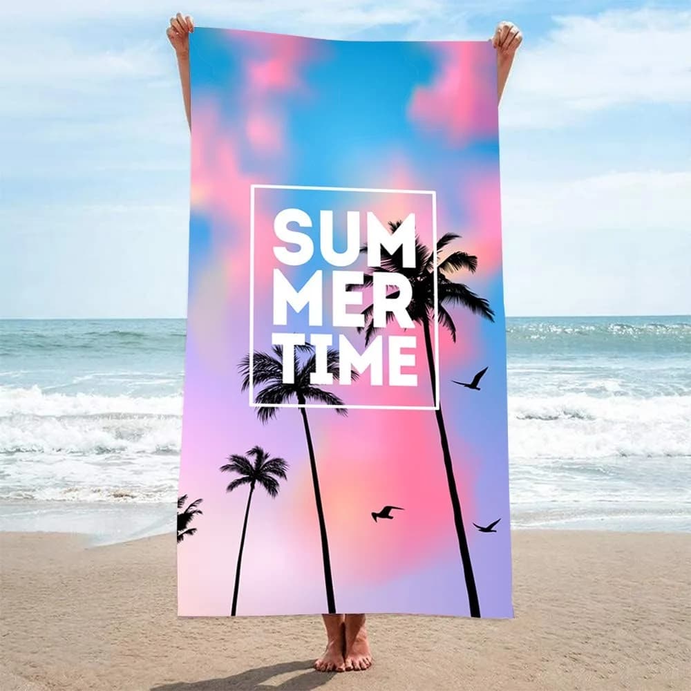 Telo Mare con Stampa Lettere e Palme 100x180CM, Telo Bagno in Microfibra, Tappetino Yoga, Assorbe l'Acqua, Coperta da Spiaggia, Coperta da Campeggio e Picnic per Esterni