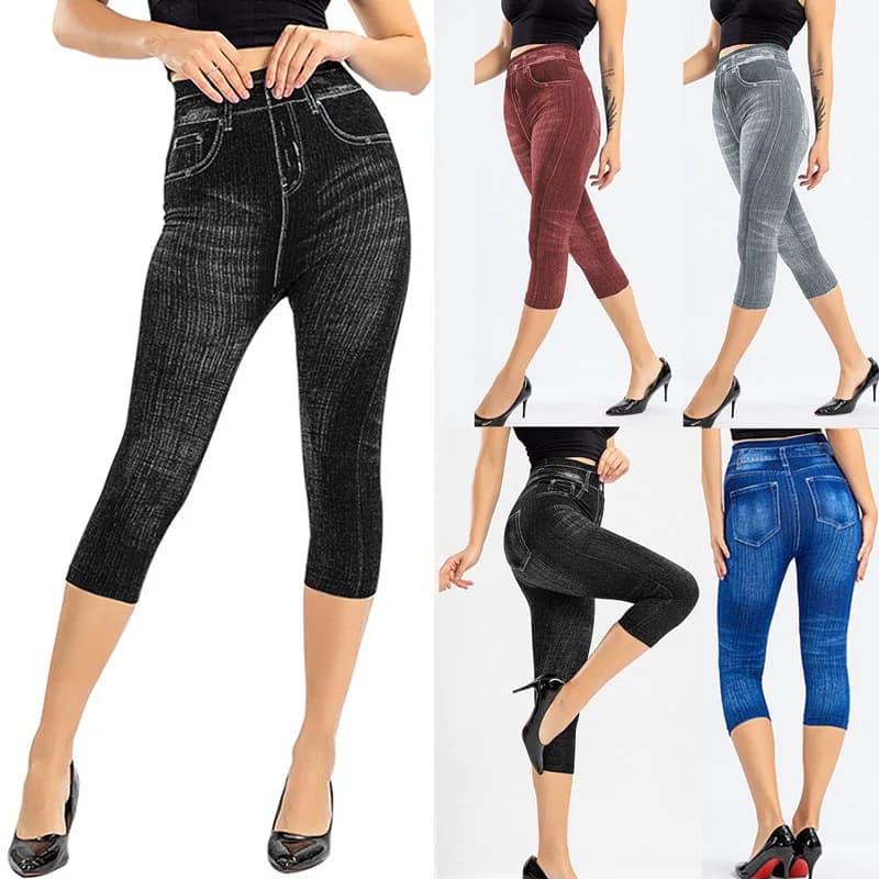 1 pz Leggings con stampa denim da donna Leggings slim moda femminile Leggings jeans finti Pantaloni leggins stampati elasticizzati da donna Pantaloni capri