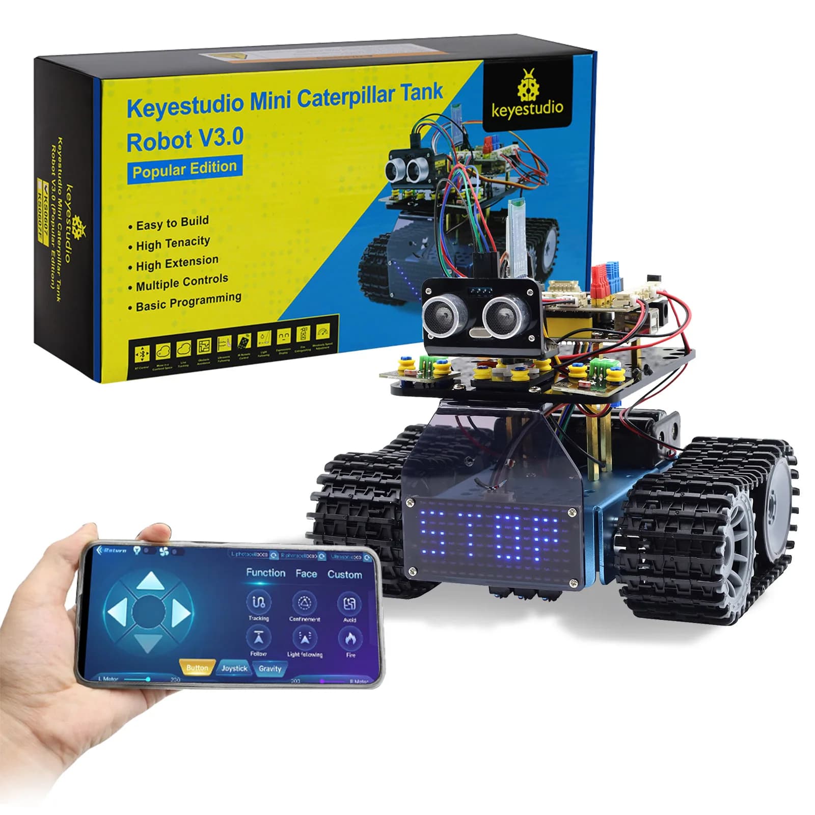 Kit Robot Auto Mini Tank V3.0 di Keyestudio per Arduino, Giocattolo STEM Programmabile Fai-da-Te con Controllo Remoto IR e App