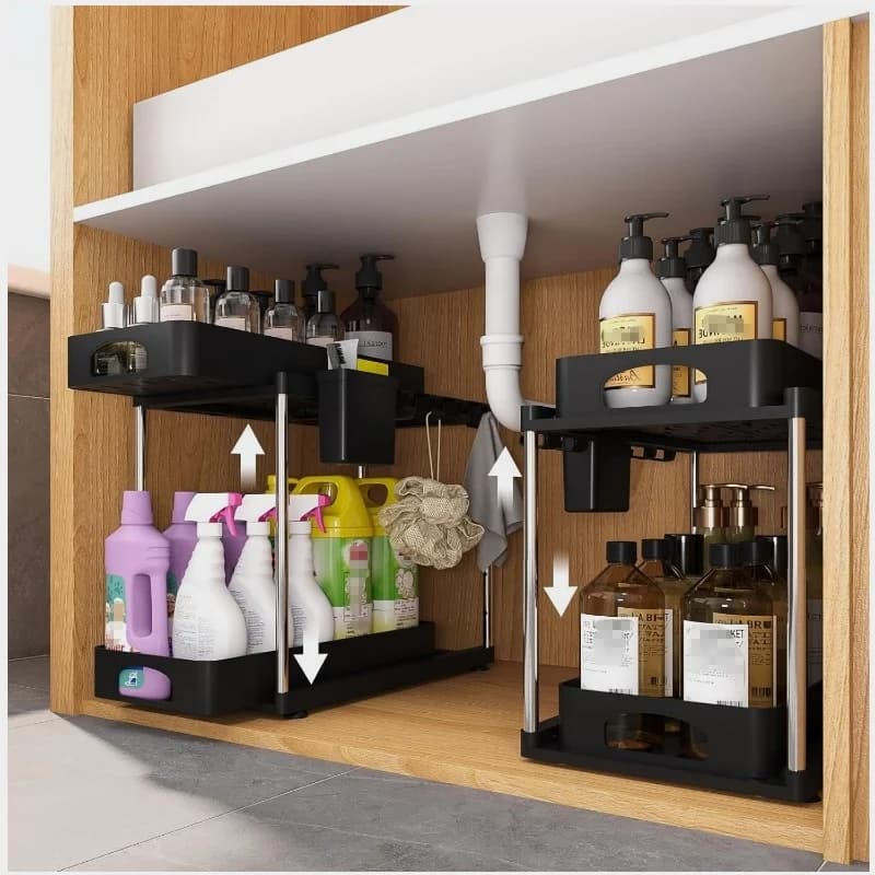 Height-Adjustable 2-Tier Pull-Out Under-Sink Organizer for Bathroom & Kitchen Cabinets – Space-Saving Black Storage Shelf, Easy-