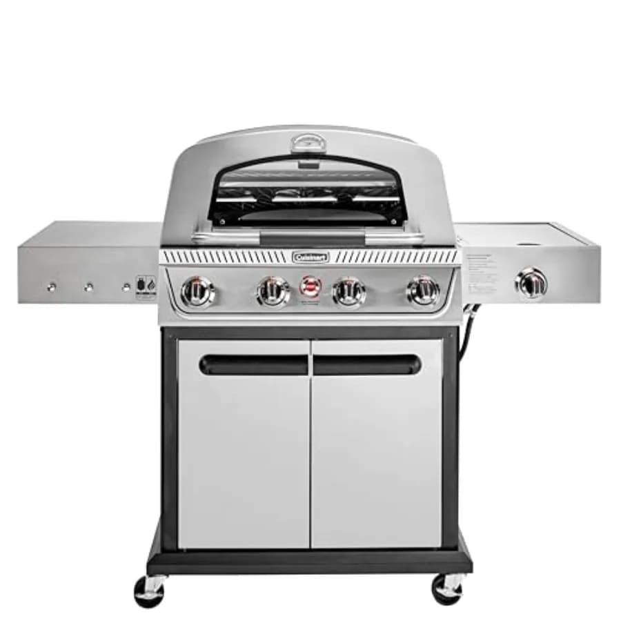 Grill a Gas 3-in-1 a 4 Bruciatori in Acciaio Inossidabile con Pietra per Pizza, Convertibile a Gas Naturale, Bruciatore Laterale Integrato, Vano Portaoggetti Integrato, Nero Versatile