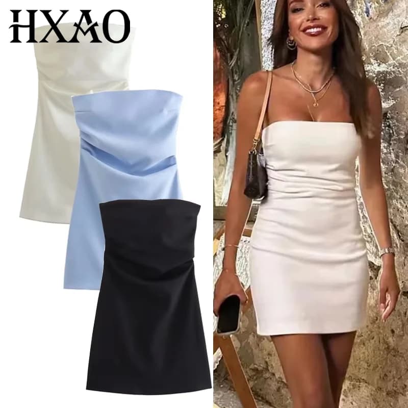 TRAF Dress Donna Corsetto con spalle scoperte Abiti corti Increspato Backless Blu Nero Bianco Abito Donna Abiti da festa aderenti sexy