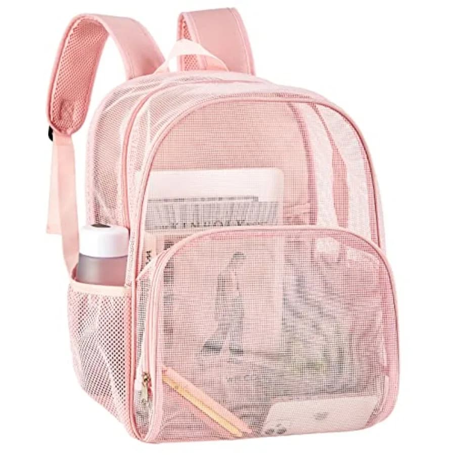 Mesh Backpack for School, Heavy Duty Mesh Bookbag, Semi-Transparent Back Pack for Beach, Swimming, Sports, Work, Travel Pink