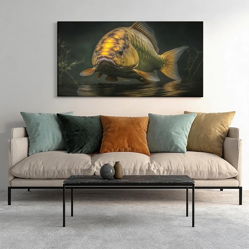 Painted on canvas with large wooden frame, 1 piece, Carpa with golden scales, underwater scene.