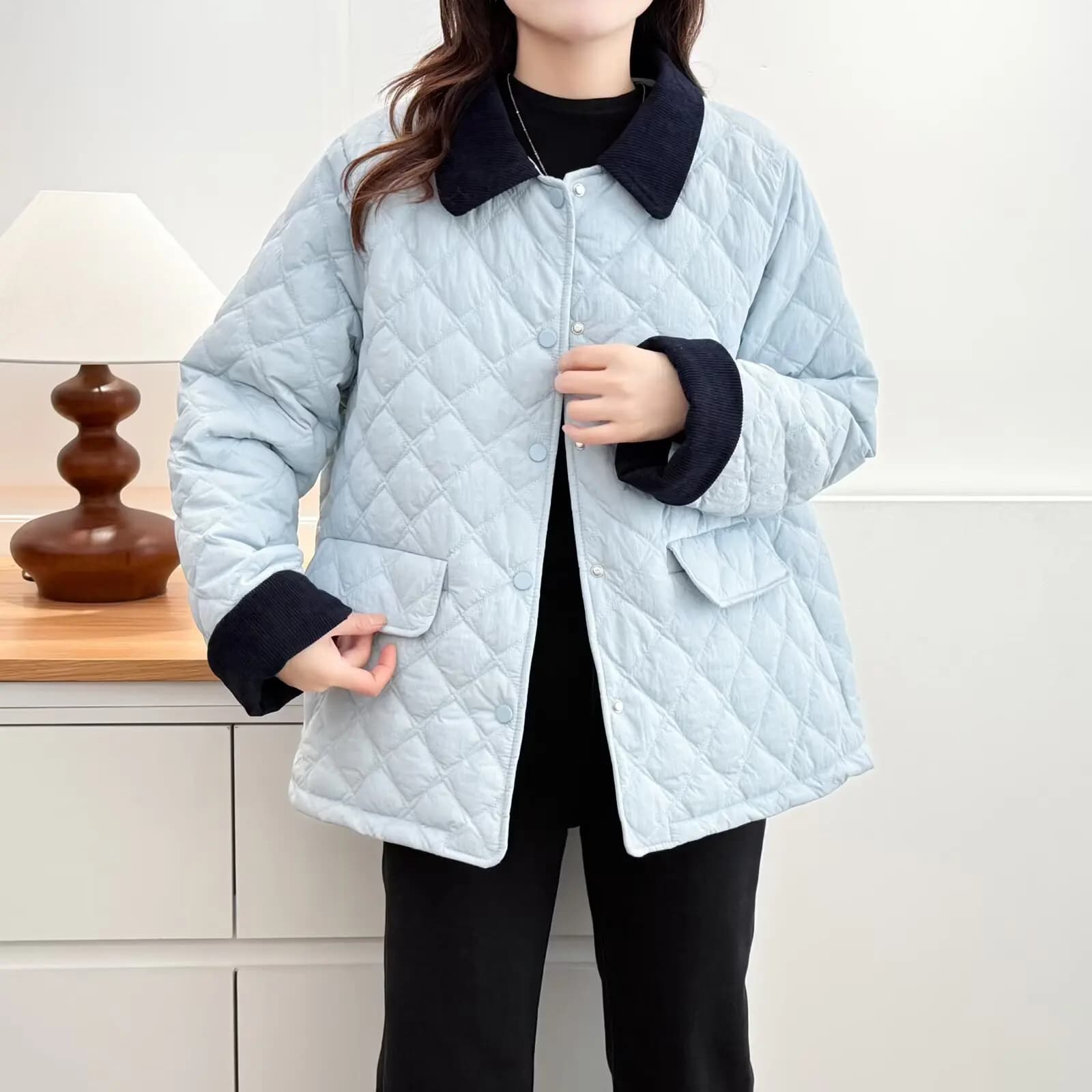 XXXXL Moda Plus Size Parka da donna 2025 Elegante blocco Oclor Risvolto Giacca imbottita a rombi Cappotto caldo casual 650