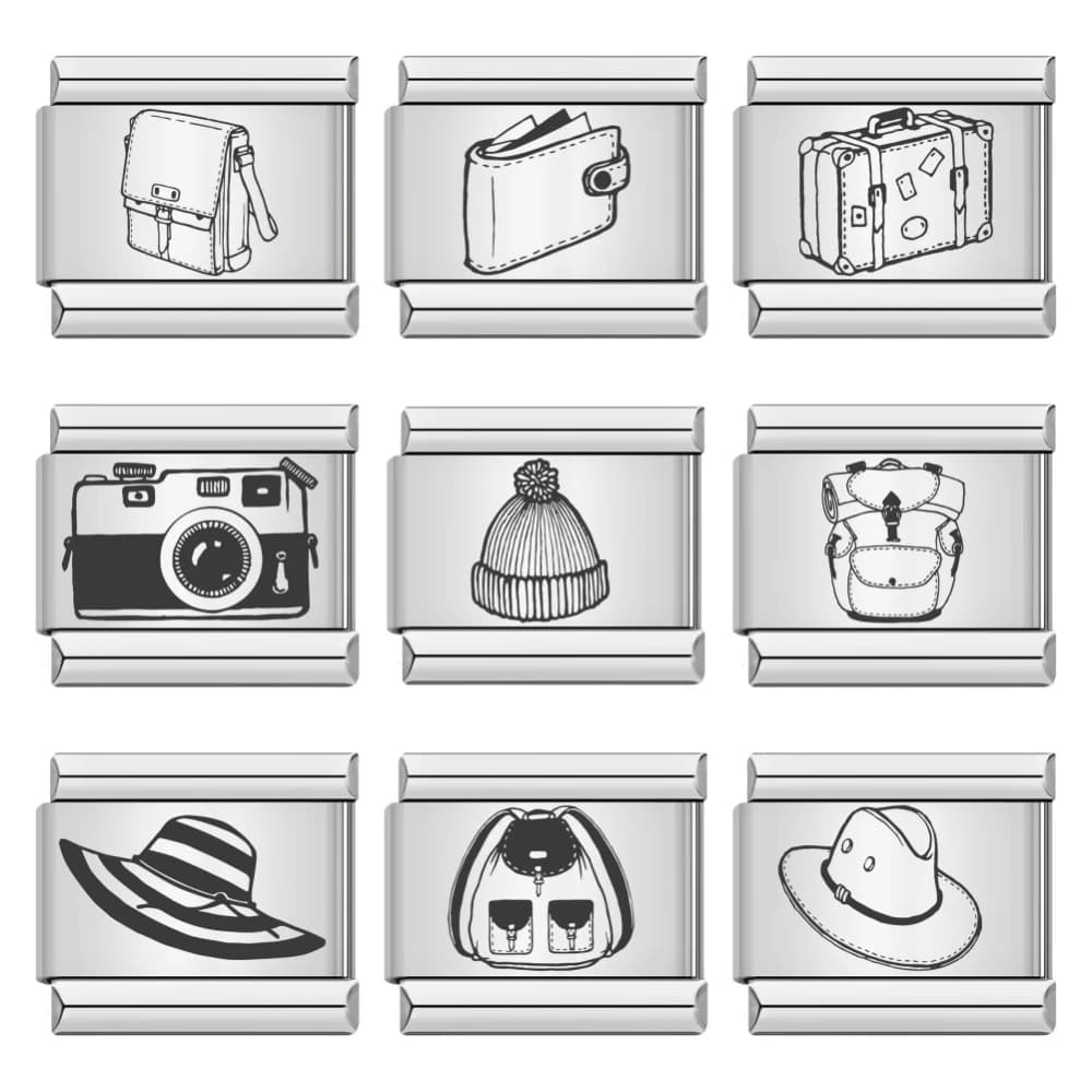 Design Fondotinta Fascino Laser Cappello da cowboy Borsa da viaggio Borsa da viaggio Fotocamera Acciaio inossidabile Collegamento italiano Misura 9mm Creazione di gioielli fai da te