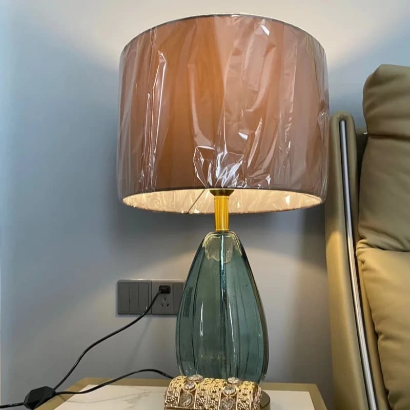Lampada da Tavolo in Vetro Artigianale di Lusso, Moderna Lampada da Comodino con Paralume in Tessuto, Luce Notturna per Soggiorno e Camera da Letto