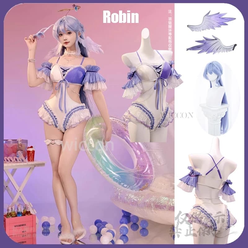 MoeMimic Anime Game Honkai: Star Rail Robin Costume da bagno sexy Abito Parrucche Puntelli Copricapo Abito estivo Festa di Halloween Gioco di ruolo femminile