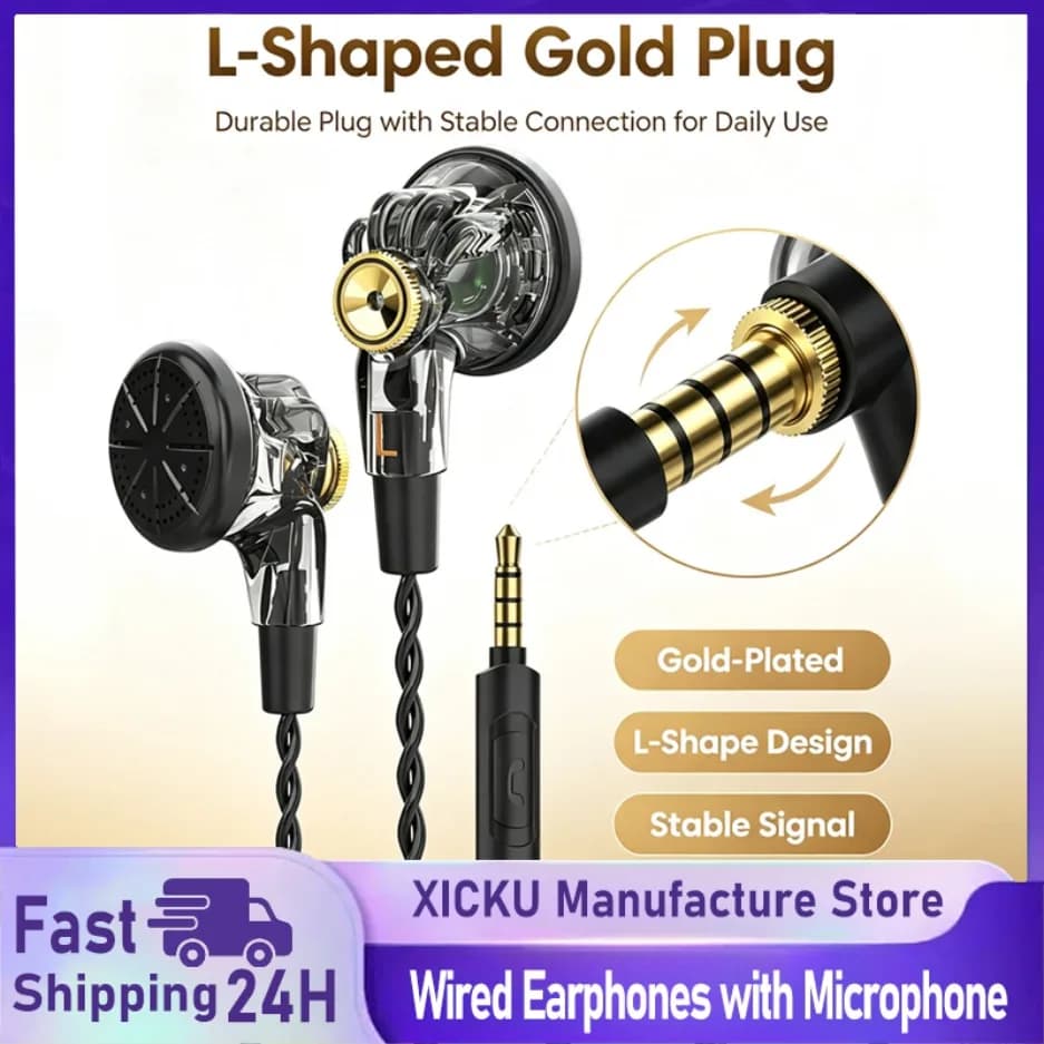 Flat Head Earphones 15.6mm Large Driver Wired Earbuds HiFi Music Headset With Microphone for iPhone Android PC Gaming Headphones