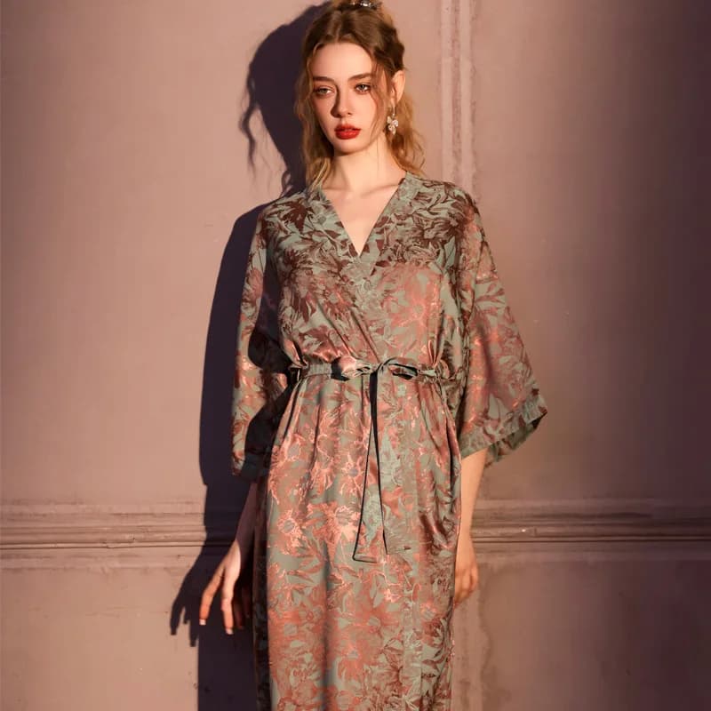 Jacquard Women's Robe Homewear Sexy Long Kimono Bathrobe Summer Loose Ice Silk Sleepwear Loungewear