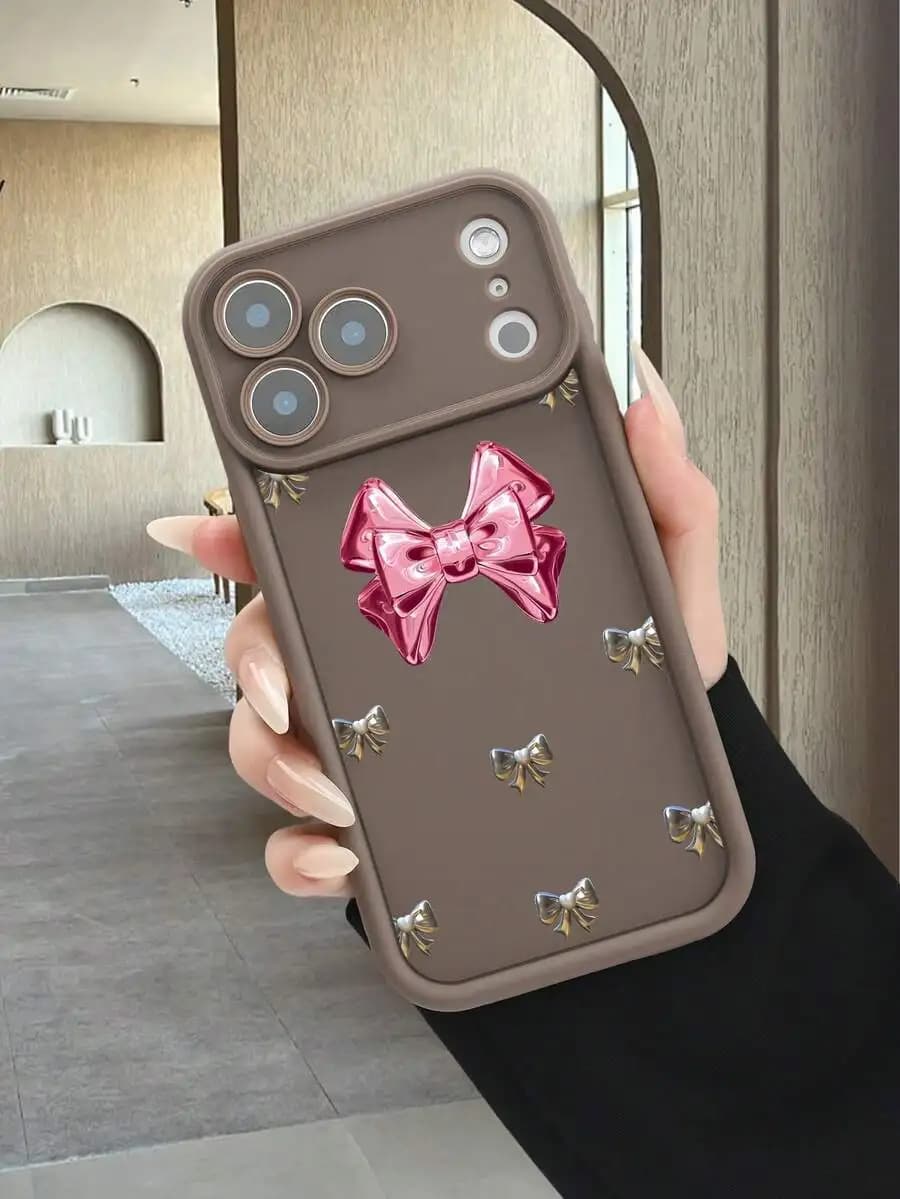 3D Pink Bow Centerpiece Silver Bowknot Pattern Coquette Aesthetic Protective Phone Case For Women Compatible With iPhone 15 14