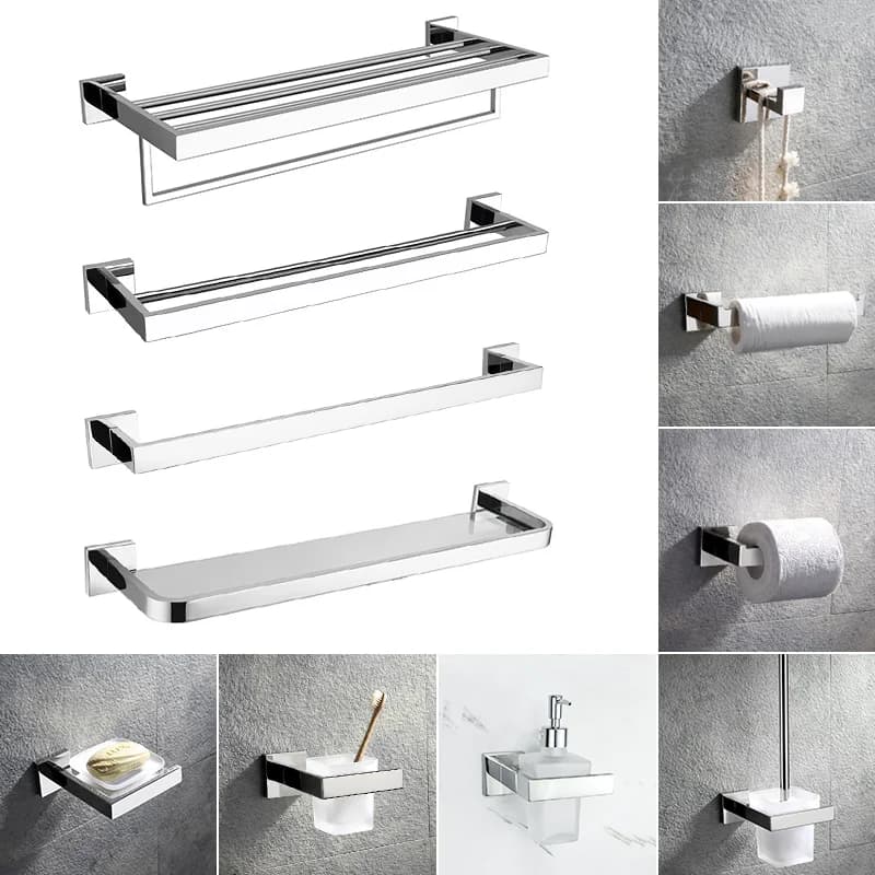 Chrome Bathroom Hardware Set Stainless Steel Square Towel Rack Paper Towel Rack Bath Towel Rack Hook Toilet Brush